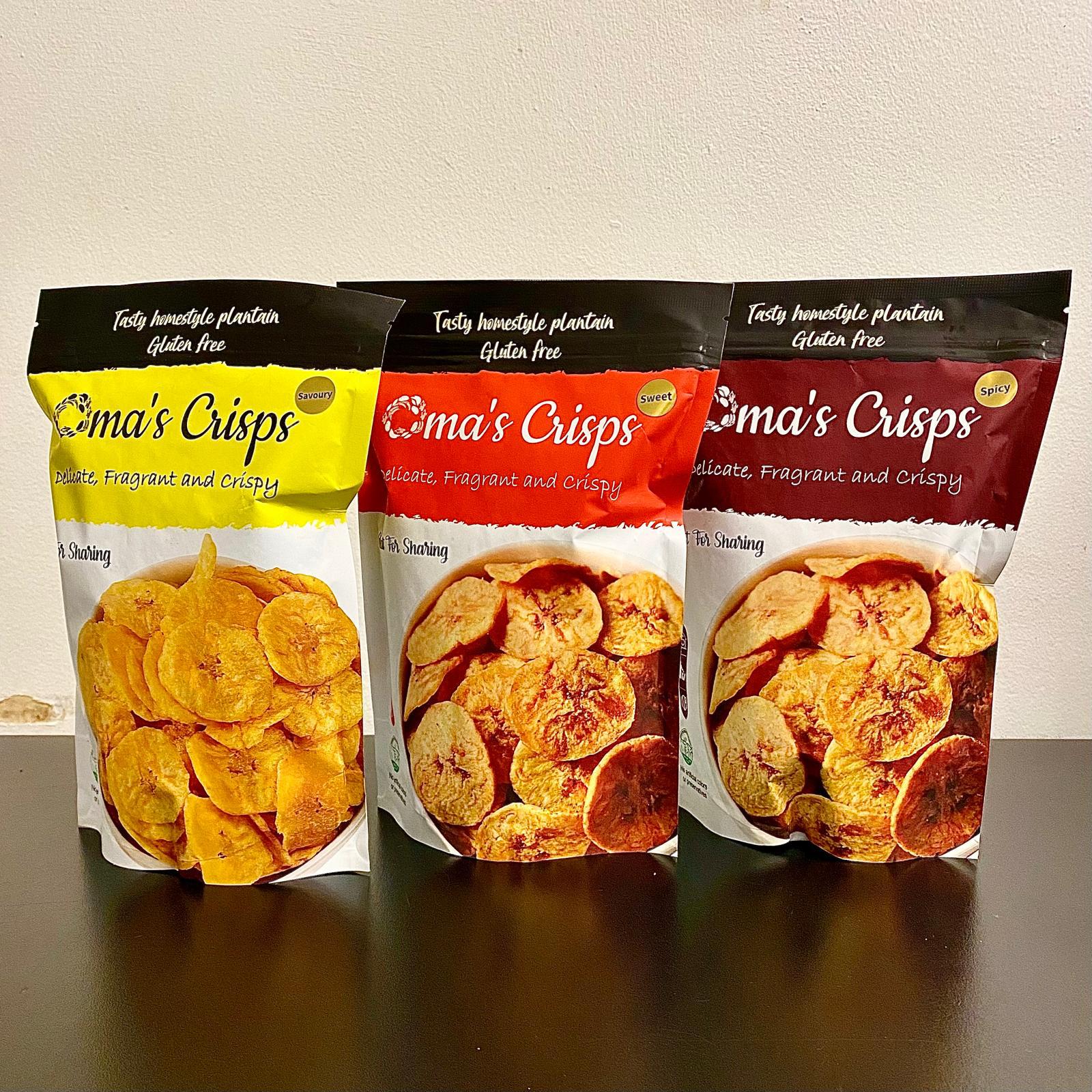 Oma's Plantain Crisps – Three Flavors: Savoury, Sweet and Spicy